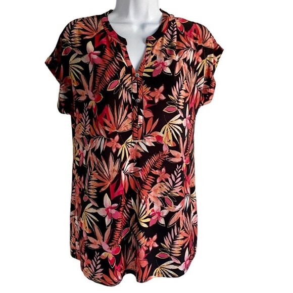 Ava & Grace Short Sleeve Floral Print Quarter Button Short Sleeve Top Medium - Picture 2 of 8